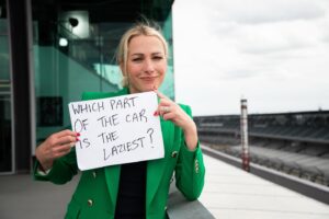 Lindsay Czarniak Instagram - I loved talking with Indy500 rookie and @NASCAR driver Kyle Larson ahead of his indy500 debut. He is on top in NASCAR and has wowed the competition here prepping for his first #Indy500. Excited to share the conversation soon and also to share this joke with one of the greatest to drive a racecar :)Also swipe to see my friend Chris's amazing camerawork. Thx @christaylortv !  #JOTD #jokes #laugh #indy500 #racecar