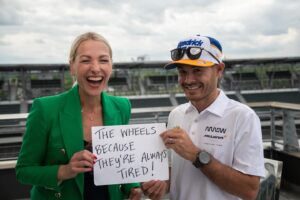 Lindsay Czarniak Instagram - I loved talking with Indy500 rookie and @NASCAR driver Kyle Larson ahead of his indy500 debut. He is on top in NASCAR and has wowed the competition here prepping for his first #Indy500. Excited to share the conversation soon and also to share this joke with one of the greatest to drive a racecar :)Also swipe to see my friend Chris's amazing camerawork. Thx @christaylortv !  #JOTD #jokes #laugh #indy500 #racecar