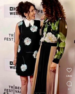 Lisa Edelstein Instagram - One last batch of pics from the fun that was @tribeca before we head back west! So nice to see family and friends in my old hometown. I ❤️ NY!
Hair and makeup by @lizomakeup (thank you Lizette!)
Dress by @prada 
Shoes and bag by @stellamccartney #vegan 
and beautiful earrings and bracelet by @martinkatzjewels - wow! 
If you look closely you can also see a gorgeous @rachelkatzjewelry ring that the hubby got me for our anniversary (nice work @robertrussellworks ❤️)