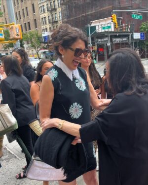 Lisa Edelstein Instagram - One last batch of pics from the fun that was @tribeca before we head back west! So nice to see family and friends in my old hometown. I ❤️ NY!
Hair and makeup by @lizomakeup (thank you Lizette!)
Dress by @prada 
Shoes and bag by @stellamccartney #vegan 
and beautiful earrings and bracelet by @martinkatzjewels - wow! 
If you look closely you can also see a gorgeous @rachelkatzjewelry ring that the hubby got me for our anniversary (nice work @robertrussellworks ❤️)