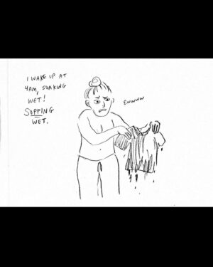 Lisa Hanawalt Instagram - Hourly comics day! Sweat attacks! Thankfully only happening at night, but I’m prepared for that to change at literally any moment 💦