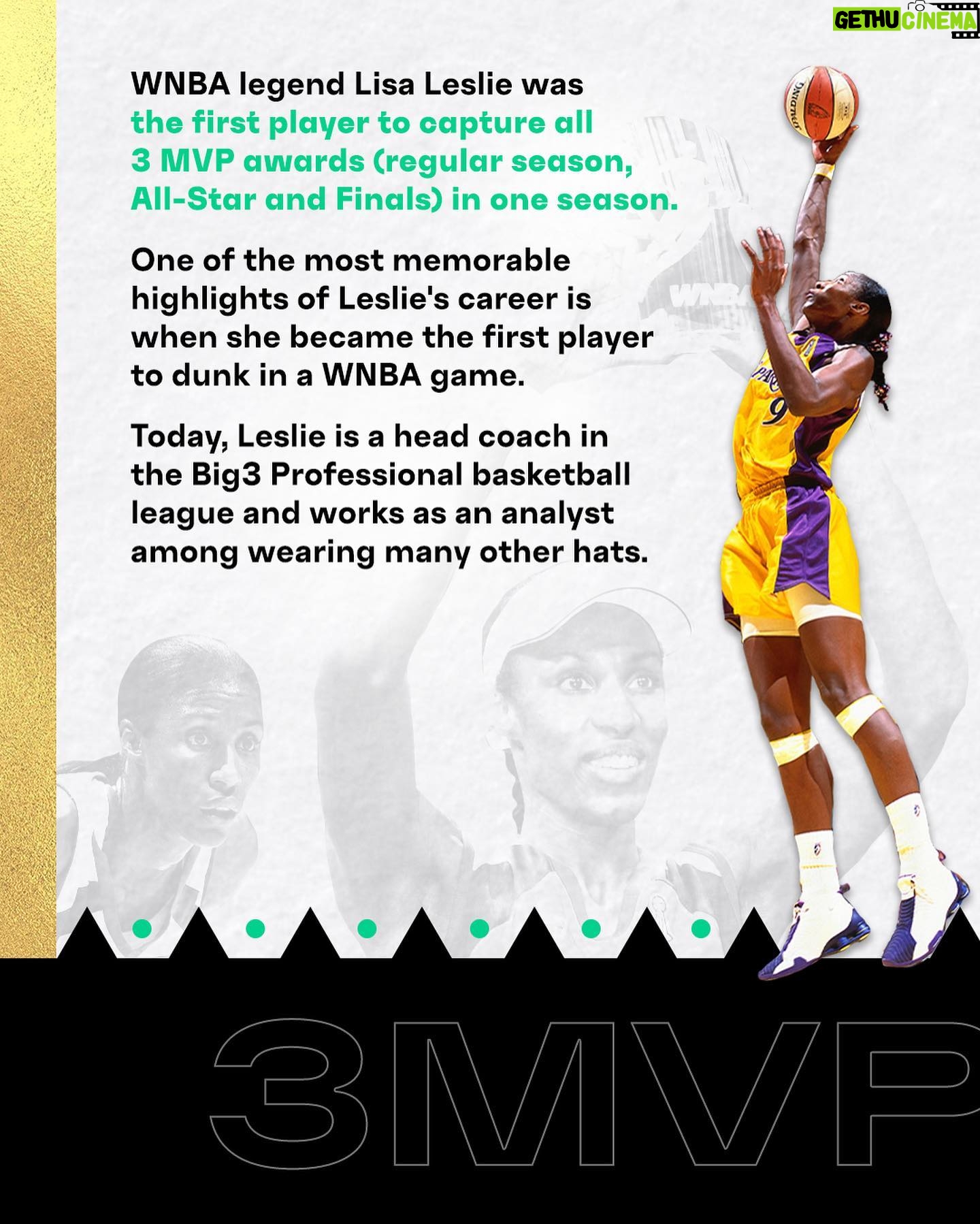 Lisa Leslie - 5.7K Likes - #WNBA Black History Spotlight: Lisa Leslie
WNBA legend @lisaleslie was the 1st player to capture all 3 MVP awards (regular season, All-Star and Finals) in 1 season
One of the most memorable highlights of Leslie's career is when she became the 1st player to dunk in a WNBA game