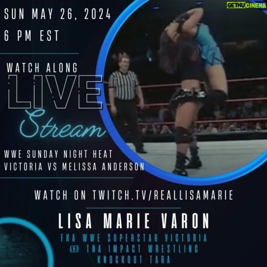 Lisa Marie Varon Instagram - 🗓️ SUNDAY | May 26, 2024 🕕 START TIME | 6PM EST 🔗 Follow | https://twitch.tv/reallisamarie ⭐️ Join me for a Twitch Watch Along, May 26th at 6PM EST! We will be looking back at a match that took place 18 years ago. It's Sunday Night Heat... Victoria (@reallisamarie) vs Melissa Anderson (@realfuturelegend). As we watch we can chat about the match. If you are in the chat room, you can ask me questions about the match. Hope you can join and watch with me! Follow me at twitch.tv/reallisamarie and I will see you there! #LisaMarieVaron #WWEVictoria #VictoriaWWE #WWE #Twitch #TwitchTV #StreamingOnTwitch #WatchAlong #MelissaAnderson #CheerleaderMelissa