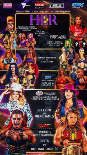 Lisa Marie Varon Instagram - #HER is shaping up to be absolutely LOADED! 💪

@tnawrestling #knockouts champion @jordynnegrace defends against @delta_prowrestler 💥

The @luchalibreaaa #reinadereinas title is up for grabs in a triple-threat as @ladyflammer_ faces @jodythreat & @stephdelander 💥

best friends become better foes as @thefoxxyone squares off w/ @themickiejames 💥

Don't miss special apperances by @bull__nakano & @reallisamarie -- plus the 1st ever @opwlive women's tag team champions crowned! 

📅 Friday -- April 12th
📍🇦🇺 Ballarat, Victoria, Australia @selkirkstadium 

For 🎟️ & more info 🔗 STARRCAST.COM

#australia #prowrestling #tna #tnawrestling #AAA #wwe #wweraw #wwesmackdown #smackdown #starrcastdownunder #starrcast #victoria #delta #mickiejames #aliciafox #vix #crow #jordynnegrace #wrestling #downunder