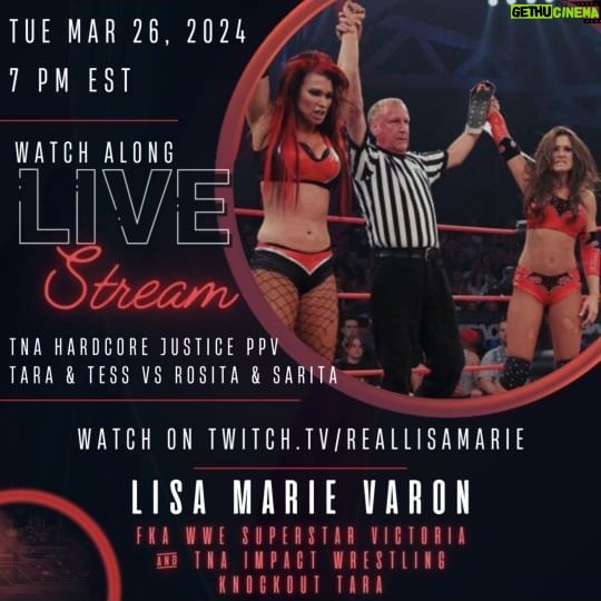 Lisa Marie Varon Instagram - 🗓️ Tuesday | March 26, 2024 🕕 Set your Clock | 7PM EST 🔗 Follow | https://twitch.tv/reallisamarie ⭐️ Join me for a Twitch Watch Along, Tuesday, March 26th at 7PM EST! We will be looking back at @tnawrestling Hardcore Justice PPV 2011. The match-up was @reallisamarie & @realbrookeadams vs @ssdarkangel & @zelinavegawwe. As we watch we can chat about the match. If you are in the chat room, you can ask me questions about the match. Hope you can join and watch with me! Follow me at twitch.tv/reallisamarie and I will see you there! Sponsored by @ryansimkhaieyeshop. Thanks for helping me see things more clearly with style! #LisaMarieVaron #LisaVaron #WWEVictoria #VictoriaWWE #TNATara #TNAKnockout #TaraTNA #WidowsPeakFreak #VictoriaWebOrg #WWE #TNA #ImpactWrestling #AllTheThingsSheSaid #WidowsPeak #SupportWomensWrestling #WomensWrestling #WomensWrestlingMatters #GAWTV #Twitch #TwitchTV #StreamingOnTwitch #WatchAlong #BrookeTessmacher #TeamTNT #HardcoreJustice #RyanSimkhaiEyeshop #ZelinaVega #SarahStock #BrookeAdams