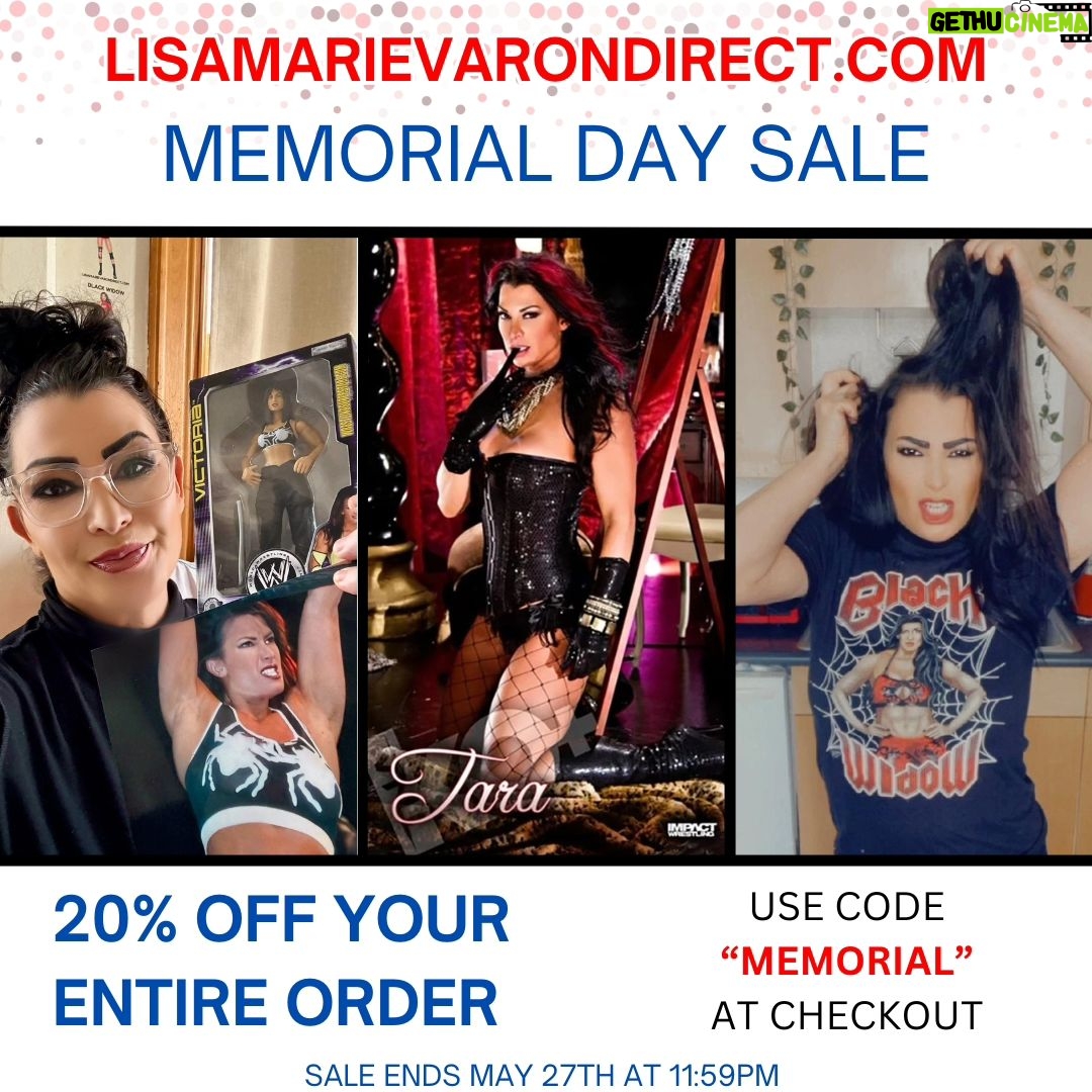 Lisa Marie Varon Instagram - I am currently running a Memorial Weekend Sale on my BigCartel store. You can get 20% off your entire order from now until Monday, May 27th at 11:59pm. Use the code "MEMORIAL" when you checkout. So many items available on my online store! đ¸ RARE Jakks Pacific Wrestling Superstore Action Figure đ¸ RARE Wrestlemania 21 Victoria Action Figure đ¸ Black Widow T-Shirts đ¸ Yes I've Lost My Mind T-Shirt & 8x10 Bundle đ¸ Clothes from my personal closet đ¸ TNA Impact Wrestling Banners đ¸ Variety of 8x10 designs đ¸ AND SO MUCH MORE! Shop & Order at www.lisamarievarondirect.com. Discount not available on previous orders and discounts can not be applied after the order. You MUST remember to enter the code during checkout. Thanks for the love and support when you order directly from me.