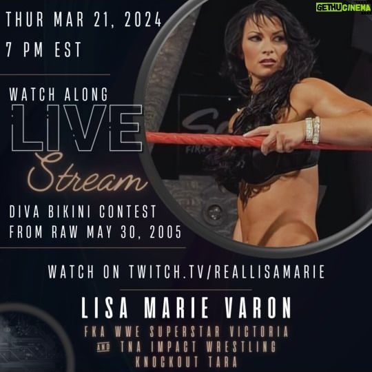 Lisa Marie Varon Instagram - 🗓️ Thursday | March 21, 2024 🕕 Set your Clock | 7PM EST 🔗 Follow | https://twitch.tv/reallisamarie ⭐️ Join me for a Twitch Watch Along, Thursday, March 21st at 7PM EST! This time we will be looking back at the @wwe Diva Bikini Contest from RAW May 30, 2005. It features myself, @hemmepowered, @mrs_candice_michelle, @mariakanellis, and @liliangarcia with @realjerrylawler explaining the rules of the contest. As we watch we can chat about the match. If you are in the chat room, you can ask me questions about the match. Hope you can join and watch with me! Follow me at twitch.tv/reallisamarie and I will see you there! Sponsored and fueled by @deathwishcoffee. I will have a cup of my favorite coffee with me during the stream! Use the code "GAW" for a discount on your Death Wish Coffee purchase! #LisaMarieVaron #LisaVaron #WWFVictoria #WWEVictoria #VictoriaWWE #TNATara #TNAKnockout #TaraTNA #WidowsPeakFreak #VictoriaWebOrg #WWE #TNA #ImpactWrestling #AllTheThingsSheSaid #WidowsPeak #SupportWomensWrestling #WomensWrestling #WomensWrestlingMatters #GAWTV #Twitch #TwitchTV #StreamingOnTwitch #WatchAlong #DeathWishCoffee #MariaKanellis #CandiceMichelle #ChristyHemme #BikiniContest #JerryLawler #WWERAW
