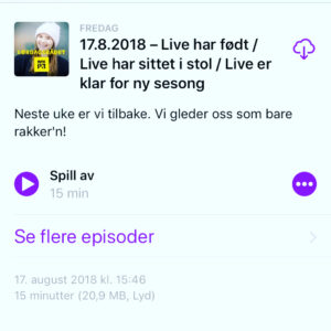 Live Nelvik Instagram - Venner! Babyen er ute og neste uke er vi gang. I den forbindelse har vi lagt ut en liten surprise-podkast, hvor jeg blant annet forteller om min høygravide sommer. Den bestod stort sett i å sitte innendørs i min nyinnkjøpte stol fra et dødsbo med 25 kg vann i kroppen. Jeg har med andre ord hatt det skikkelig gøy.
Vi hørez!