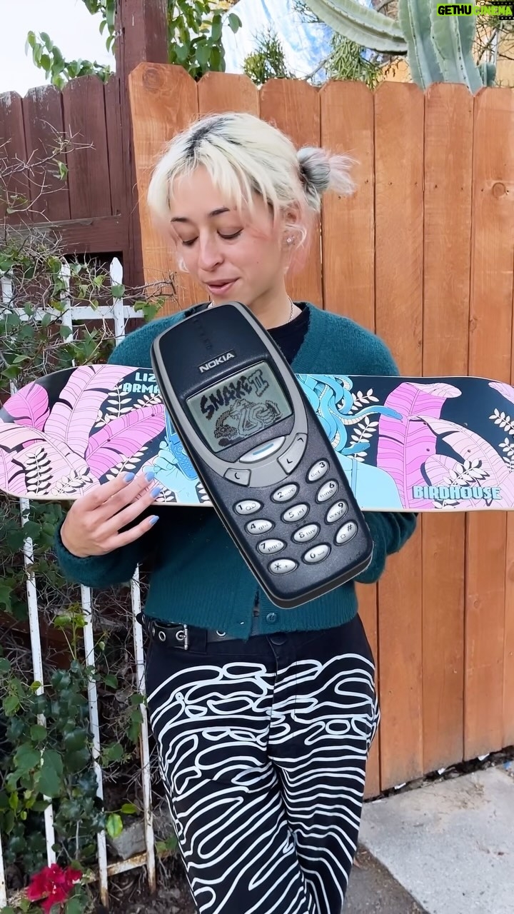 Lizzie Armanto Instagram - Backstory on my @birdhouseskateboards graphic by @choodraws ft @navs5000 & the @nokia snake game🐍🤳👾