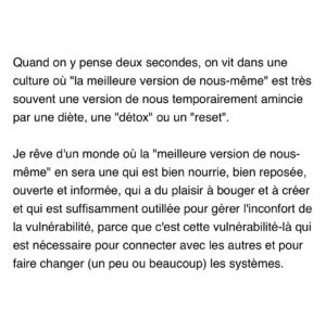 Loounie Instagram - La meilleure version de moi-même pensait à ça en buvant son café ce matin. ☕️📝

Pour mieux comprendre d’où viennent les injonctions de la minceur et du soi-disant bien-être et comment elles détournent notre attention de ce qui nous ferait vraiment du bien individuellement et collectivement, les deux saisons de mon balado À plat ventre sont disponibles gratuitement sur @rc.ohdio 😌🎙️

#culturedesdiètes #culturedubienêtre #detox #wellness