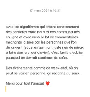 Loounie Instagram - Je buvais tranquillement mon café et je repensais aux belles rencontres des derniers jours à @mtlenlumiere et à @expomangersante. 

Merci pour tout l’amour! J’en suis vraiment reconnaissante. ❤️ #loouniecuisine
