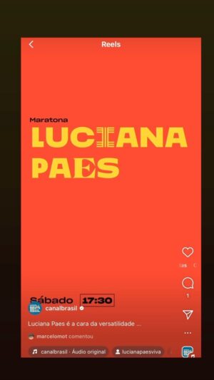 Luciana Paes Instagram - Gente. Olha que demais!! Tem Maratona Luciana Paes no @canalbrasil. Ve se eu posso com essa homenagem. 
17h30 - Sinfonia da Necropole (2013) - @julianarojasrealoficialdevdd 
19h Sombra do Pai (2018) @gabrielaamaralalmeida 
20h30 cinco estrelas (2020) @fesanches 
20h45 Animal Cordial (2017) tambem de Gabriela
22h30 Noticias Populares @marcelobcaetano  que esta em cannes.
Muito orgulho desses trabalhos, dessas parcerias, e desse canal que também sou muito fã. Que a volta do Fundo setorial permita que eu esteja em mais trabalhos assim.
