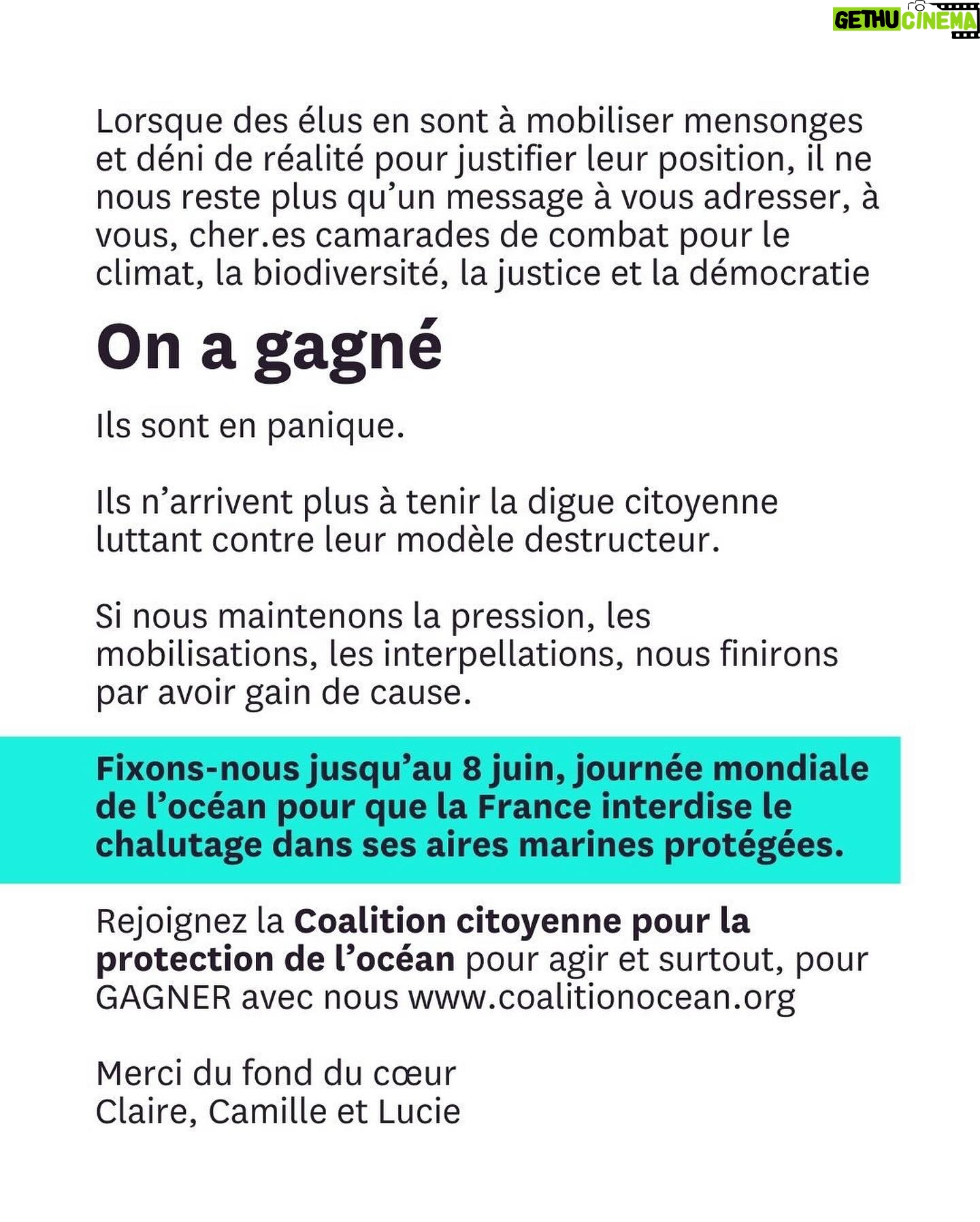 Lucie Lucas Instagram - Côté protection de l’océan, le monde avance mais la France régresse, tandis que la Bretagne résiste, déterminée à protéger les pêches destructrices plutôt que le climat et notre avenir. Mais le vent a tourné : pour défendre l’indéfendable chalutage qui ravage les écosystèmes marins, les élus ont été réduits à mentir et à mépriser les activistes et les citoyens. Leur posture est intenable. Ils le savent et ils paniquent. Fixons-nous jusqu’au 8 juin, journée mondiale de l’océan, pour obtenir l’interdiction des méthodes de pêche destructrices dans les aires marines supposées être « protégées ». Rejoignez la Coalition citoyenne pour la protection de l’océan pour agir et gagner avec nous !