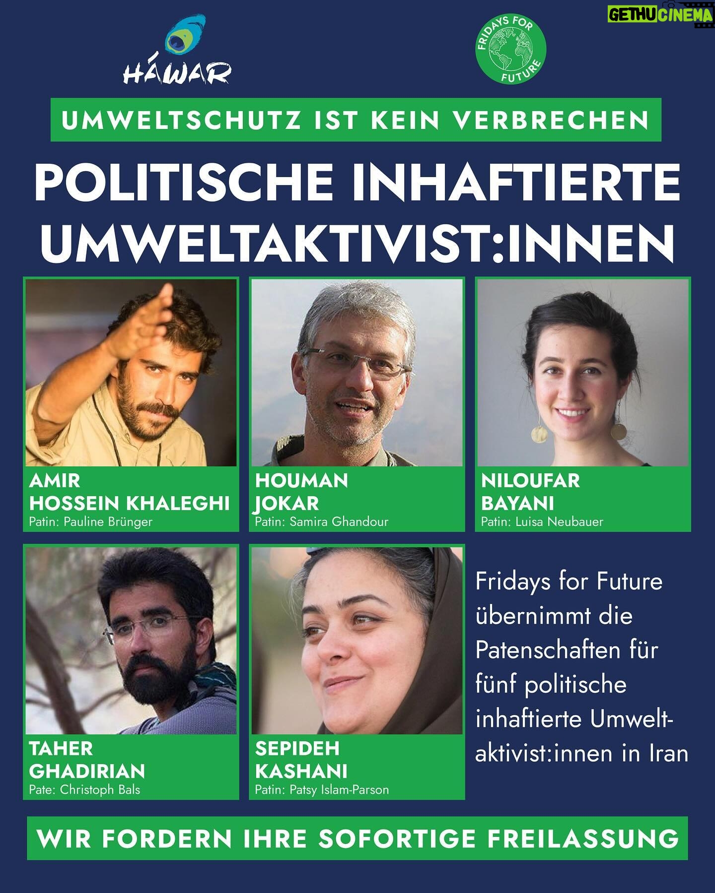 Luisa Neubauer Instagram - Amir Hossein Khaleghi und Niloufar Bayani sind Umweltschützer*innen wie wir. Mit einem Unterschied: Sie sitzen seit 6 Jahren im Gefängnis. Ohne Beweise hat das iranische Regime sie aufgrund von angeblicher Spionagetätigkeit inhaftiert, im Gefängnis gefoltert und misshandelt und anschließend in Scheinprozessen verurteilt. Für @fridaysforfuture.de durften wir die Patenschaft für sie übernehmen. Auf der ganzen Welt steigen die Repressionen gegenüber Menschen, die sich für unsere Lebensgrundlagen einsetzen. Es ist unsere Verantwortung ihre Freiheiten zu verteidigen & mit unseren Privilegien ihren Schutz einzufordern. Amir, Niloufar und alle weiteren inhaftierten Umweltschützer*innen müssen unverzüglich freigelassen werden! Die Kriminalisierung von Umweltschützer*innen durch die iranische Regierung muss enden! Dafür muss sich auch die deutsche Bundesregierung stark machen. Free Amir! Free Niloufar!