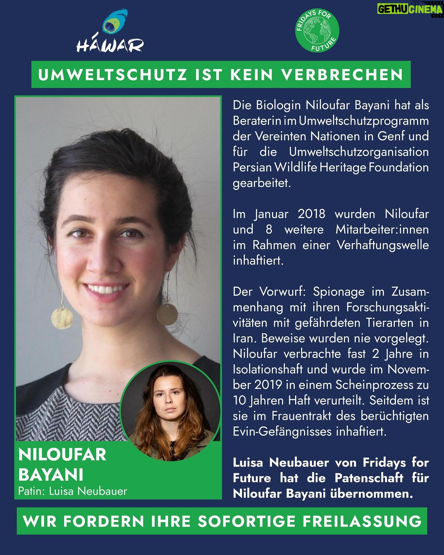 Luisa Neubauer Instagram - Amir Hossein Khaleghi und Niloufar Bayani sind Umweltschützer*innen wie wir. Mit einem Unterschied: Sie sitzen seit 6 Jahren im Gefängnis. Ohne Beweise hat das iranische Regime sie aufgrund von angeblicher Spionagetätigkeit inhaftiert, im Gefängnis gefoltert und misshandelt und anschließend in Scheinprozessen verurteilt. Für @fridaysforfuture.de durften wir die Patenschaft für sie übernehmen. Auf der ganzen Welt steigen die Repressionen gegenüber Menschen, die sich für unsere Lebensgrundlagen einsetzen. Es ist unsere Verantwortung ihre Freiheiten zu verteidigen & mit unseren Privilegien ihren Schutz einzufordern. Amir, Niloufar und alle weiteren inhaftierten Umweltschützer*innen müssen unverzüglich freigelassen werden! Die Kriminalisierung von Umweltschützer*innen durch die iranische Regierung muss enden! Dafür muss sich auch die deutsche Bundesregierung stark machen. Free Amir! Free Niloufar!