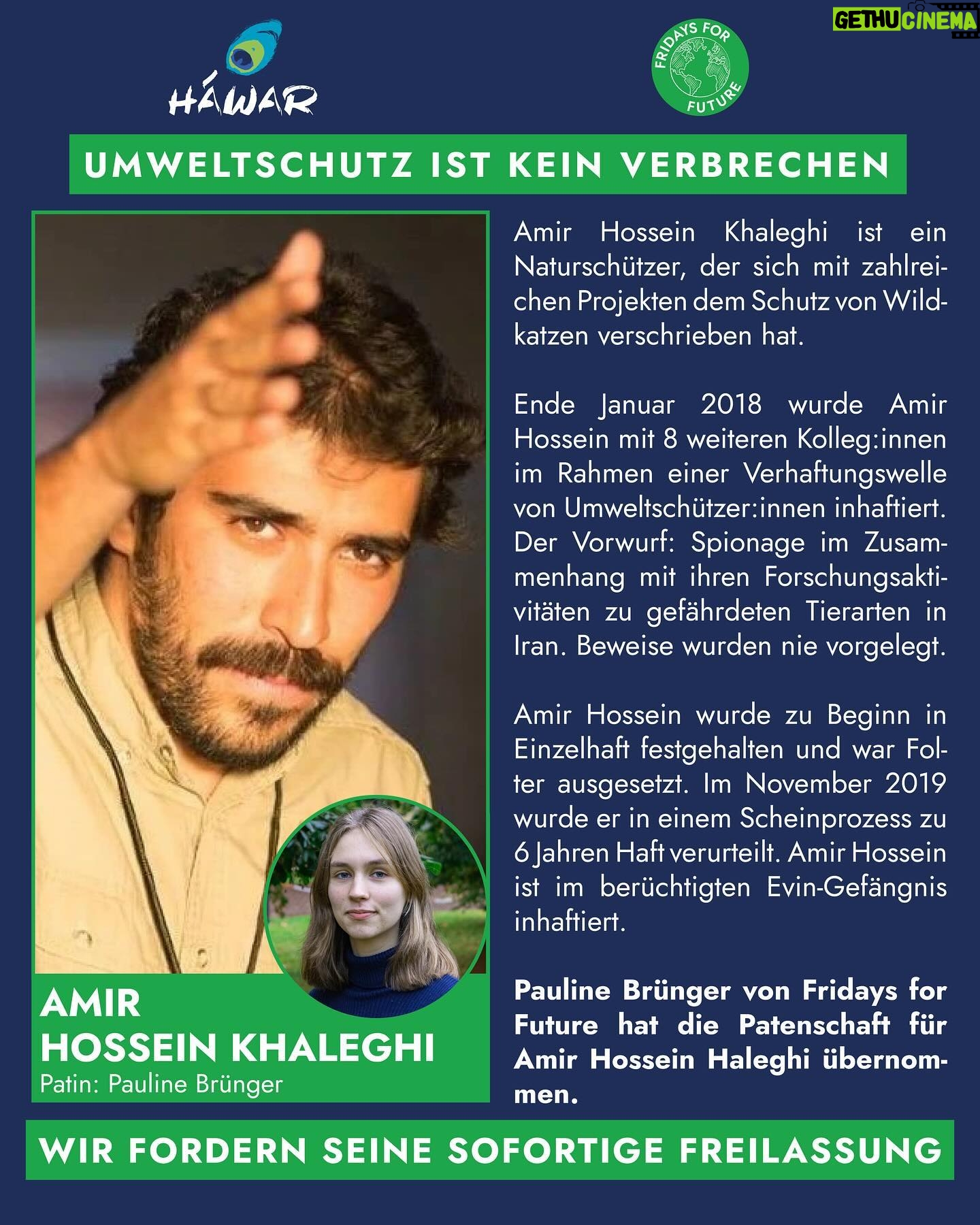 Luisa Neubauer Instagram - Amir Hossein Khaleghi und Niloufar Bayani sind Umweltschützer*innen wie wir. Mit einem Unterschied: Sie sitzen seit 6 Jahren im Gefängnis. Ohne Beweise hat das iranische Regime sie aufgrund von angeblicher Spionagetätigkeit inhaftiert, im Gefängnis gefoltert und misshandelt und anschließend in Scheinprozessen verurteilt. Für @fridaysforfuture.de durften wir die Patenschaft für sie übernehmen. Auf der ganzen Welt steigen die Repressionen gegenüber Menschen, die sich für unsere Lebensgrundlagen einsetzen. Es ist unsere Verantwortung ihre Freiheiten zu verteidigen & mit unseren Privilegien ihren Schutz einzufordern. Amir, Niloufar und alle weiteren inhaftierten Umweltschützer*innen müssen unverzüglich freigelassen werden! Die Kriminalisierung von Umweltschützer*innen durch die iranische Regierung muss enden! Dafür muss sich auch die deutsche Bundesregierung stark machen. Free Amir! Free Niloufar!