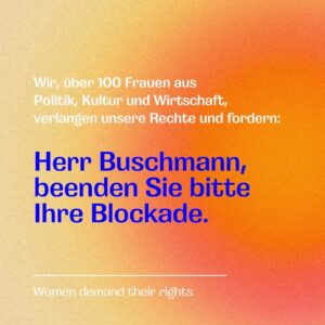 Luisa Neubauer Instagram - Frauenrechte sind Menschenrechte. 

Auf EU-Ebene gibt es gerade diesen historischen, jemals ersten Versuch, Frauenrechte wie u.a. Schutz vor digitaler Gewalt oder bessere Rechtsposition bei Vergewaltigungen, zu stärken und zu vereinheitlichen.

Doch der deutsche Justizminister Marco Buschmann, die deutsche Bundesregierung blockieren. Das ist nicht nachzuvollziehen.

Gemeinsam mit über 100 namhafte Frauen aus Politik, Kultur und Wirtschaft fordern wir unsere Rechte ein: 

Sehr geehrter Herr Buschmann, sehr geehrte Bundesregierung, wir appellieren dringend an Sie: Beenden Sie sofort Ihre Blockade-Haltung und stellen Sie sich nicht länger dem Schutz von Millionen von Frauen vor Gewalt in der EU entgegen.