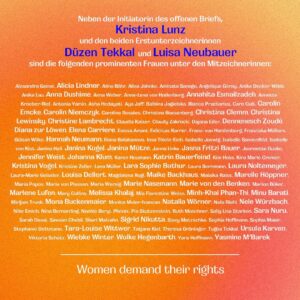 Luisa Neubauer Instagram - Frauenrechte sind Menschenrechte. 

Auf EU-Ebene gibt es gerade diesen historischen, jemals ersten Versuch, Frauenrechte wie u.a. Schutz vor digitaler Gewalt oder bessere Rechtsposition bei Vergewaltigungen, zu stärken und zu vereinheitlichen.

Doch der deutsche Justizminister Marco Buschmann, die deutsche Bundesregierung blockieren. Das ist nicht nachzuvollziehen.

Gemeinsam mit über 100 namhafte Frauen aus Politik, Kultur und Wirtschaft fordern wir unsere Rechte ein: 

Sehr geehrter Herr Buschmann, sehr geehrte Bundesregierung, wir appellieren dringend an Sie: Beenden Sie sofort Ihre Blockade-Haltung und stellen Sie sich nicht länger dem Schutz von Millionen von Frauen vor Gewalt in der EU entgegen.