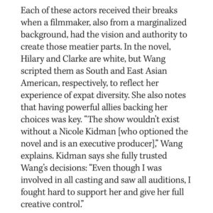Lulu Wang Instagram - I’ve been thinking a lot about soft power vs hard power. Hollywood is known for its pursuit of hard power - “money, fame, external influence and affirmation, power and scale” (as said beautifully by @veramiao who always leads me to think in more expansive ways). But in embracing soft power, we can choose to only make things we love, and choose to only work with those we feel we can create meaning with. I could not have chosen more incredible partners than @sarayublue and @brian_tee and it gives me such immense joy to watch them show their full range in these roles. Soft power is @nicolekidman allowing us to use her name and prestige to create a platform for so many other talented folks who don’t often get offered the same kind of meaty roles. I hope to see more leverage of soft power to shift culture and expand narrative perspectives. Thank you @therebeccasun for this insightful piece spotlighting two stars that have so much more shine in them than we can even imagine.