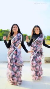 Madhumitha Instagram - Selaiyum Ravikaiyum the saree made with love Saree : chiffon floral with white color embroidered lace Blouse: black plain Price : 1899 Dm for orders or buy through our website www.selaiyumravikaiyum.com In frame actress @madhumitha_illayaraja @yamuna__chinnadurai Vc : @fave.images