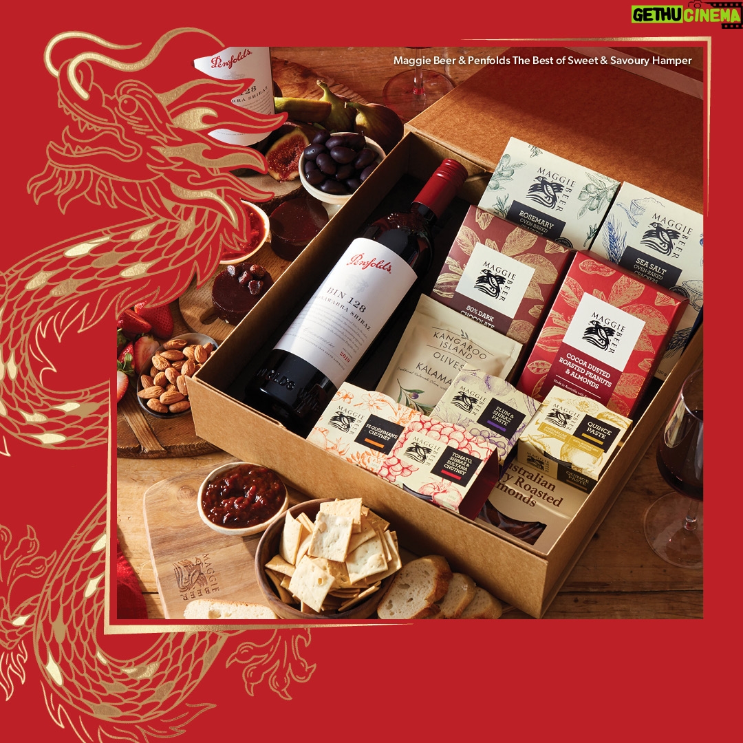 Maggie Beer Instagram - The iconic duo is back. Designed for a festive celebration and just in time for Lunar New Year, the Maggie Beer Penfolds collection is available once again on our online store. Lift the lid on delicious Australian food and wine with hampers like The Best Of Sweet Savoury, which contains an array of goodies from Cocoa-Dusted Roasted Peanuts & Almonds to Quince Paste, Kangaroo Island Olives and more, plus a bottle of Penfolds Bin 128. Shop this hamper today via the link in our bio.