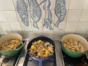 Maggie Beer Instagram - Stage one of a cook up on kitchen stove 

Time for slow cooking on the weekend using every le creuset  pot I own  and maximising  what I have to hand to feed friends and have lots left over to make into other dishes for times i’m away. I found cooking so much at once a great sense of achievement and the aromas of the kitchen wonderfully powerful. 

My youngest granddaughter (who is 9) loves helping and picked windfall quinces (After checking that chooks had enough feed and water and collecting eggs) I emptied  the freezer of assortment of secondary cuts of lamb from last years stock with loads of onion garlic rosemary’ bay leaves, cinnamon, cumin and stock
 
Simple beautiful dish that ‘cooked itself’ over hours at low temperature  A favourite way of cooking now the weather is cooler. 

 #slowcooking #lowtemperature #lecreuset #quinces #maggiebeer #cookingwithmaggie