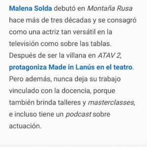 Malena Solda Instagram - ¡Una sorpresa! Gracias por la crónica (no dice su autor/a, quién la escribió)
Gracias @beluguivarela por avisarme que había salido.
La 📸 es de la talentosa  @alejandralopezfotografa, por supuesto