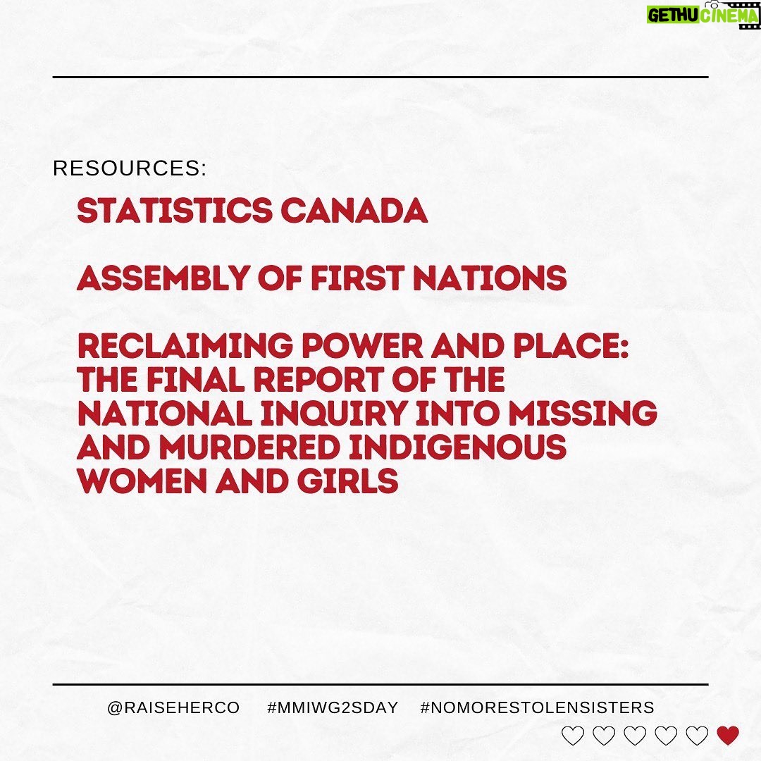 Malia Baker Instagram - Today is the National Day of Awareness for Missing Murdered Indigenous Women Girls (MMIWG), but often most known by its symbol: a red dress. #RedDressDay began in 2010 as an art installation by Métis artist Jaime Black, titled The REDress Project, which highlights the epidemic of violence against Indigenous women, girls 2Spirit folks. They are someone’s child. They are someone’s friend. They are SOMEONE. The day can be triggering for those affected by MMWIG2S loss — if so, you can connect with the MMWIG2S support call line at 1-844-413-6649. This line is available free of charge, 24 hours a day, 7 days a week. Indigenous people represent the fastest growing population in Canada, as well as the youngest—we need to protect ALL of our community members ensure this is a safe, vibrant community for everyone. Thank you to the @assemblyoffirstnations, @statcan_eng The National Inquiry into Missing and Murdered Indigenous Women and Girls for compiling this data making it accessible. __ [Photo descriptions: all images with stats line designs on each. The backgrounds are all white with a textured crumpled paper finish with dark red font. At the bottom it reads “@raiseherco #MMIWG2Sday #nomorestolensisters” Photo 1: “May 5: Red Dress Day” with silhouettes of red dresses Photo 2: “Indigenous women and girls make up 16% of all female homicide victims, and 11% of missing women in Canada. Even though Indigenous people make up only 4.3% of our population” Photo 3: “Indigenous women are three times more likely than non-Indigenous women to be victims of violence” Photo 4: “From 2001 to 2015, the average rate of homicides involving Indigenous female victims was nearly 6x higher than that of homicides involving non-Indigenous female victims." Photo 5: “Indigenous women girls are 12x more likely to be murdered or missing than any other women in Canada.” Photo 6: “Resources: Statistics Canada, Assembly of First Nations, Reclaiming Power and Place: The Final Report of the National Inquiry into Missing and Murdered Indigenous Women and Girls Repost from @raiseherco