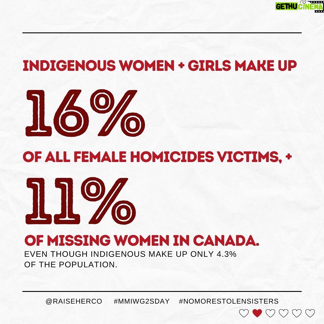 Malia Baker Instagram - Today is the National Day of Awareness for Missing Murdered Indigenous Women Girls (MMIWG), but often most known by its symbol: a red dress. #RedDressDay began in 2010 as an art installation by Métis artist Jaime Black, titled The REDress Project, which highlights the epidemic of violence against Indigenous women, girls 2Spirit folks. They are someone’s child. They are someone’s friend. They are SOMEONE. The day can be triggering for those affected by MMWIG2S loss — if so, you can connect with the MMWIG2S support call line at 1-844-413-6649. This line is available free of charge, 24 hours a day, 7 days a week. Indigenous people represent the fastest growing population in Canada, as well as the youngest—we need to protect ALL of our community members ensure this is a safe, vibrant community for everyone. Thank you to the @assemblyoffirstnations, @statcan_eng The National Inquiry into Missing and Murdered Indigenous Women and Girls for compiling this data making it accessible. __ [Photo descriptions: all images with stats line designs on each. The backgrounds are all white with a textured crumpled paper finish with dark red font. At the bottom it reads “@raiseherco #MMIWG2Sday #nomorestolensisters” Photo 1: “May 5: Red Dress Day” with silhouettes of red dresses Photo 2: “Indigenous women and girls make up 16% of all female homicide victims, and 11% of missing women in Canada. Even though Indigenous people make up only 4.3% of our population” Photo 3: “Indigenous women are three times more likely than non-Indigenous women to be victims of violence” Photo 4: “From 2001 to 2015, the average rate of homicides involving Indigenous female victims was nearly 6x higher than that of homicides involving non-Indigenous female victims." Photo 5: “Indigenous women girls are 12x more likely to be murdered or missing than any other women in Canada.” Photo 6: “Resources: Statistics Canada, Assembly of First Nations, Reclaiming Power and Place: The Final Report of the National Inquiry into Missing and Murdered Indigenous Women and Girls Repost from @raiseherco
