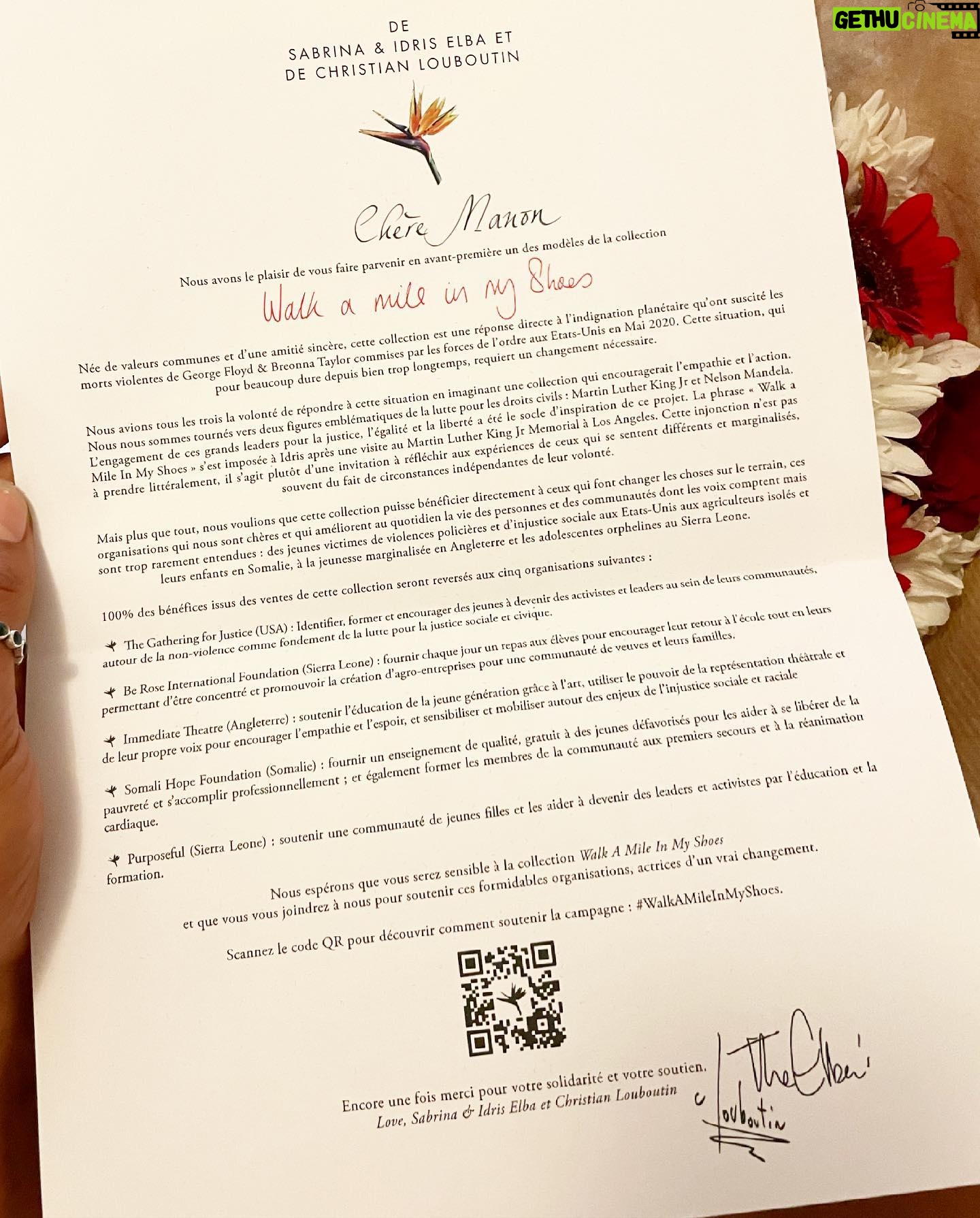 Manon Bresch Instagram - #WalkAMileInMyShoes Une collection capsule imaginée par @sabrinaelba et @idriselba en collaboration avec #ChristianLouboutin pour marquer un engament et un soutiens à la lutte contre les discriminations raciales et les violences policières. Actions, réactions. 100% des bénéfices issus des ventes de cette collection seront reversés aux cinq organisations suivantes: BE ROSE - @beroseinternational IMMEDIATE THEATRE - @immediate_theatre THE GATHERING FOR JUSTICE - @gather4justice PURPOSEFUL - @wearepurposeful_org SOMALI HOPE FOUNDATION - @_somalihope Je suis fière de pouvoir participer à mon niveau à ce projet, fière que les artistes, les créateurs que je respecte, décident de créer pour avancer. On marche ensemble. Merci @louboutinworld @marinedge @wintagme @elsalea