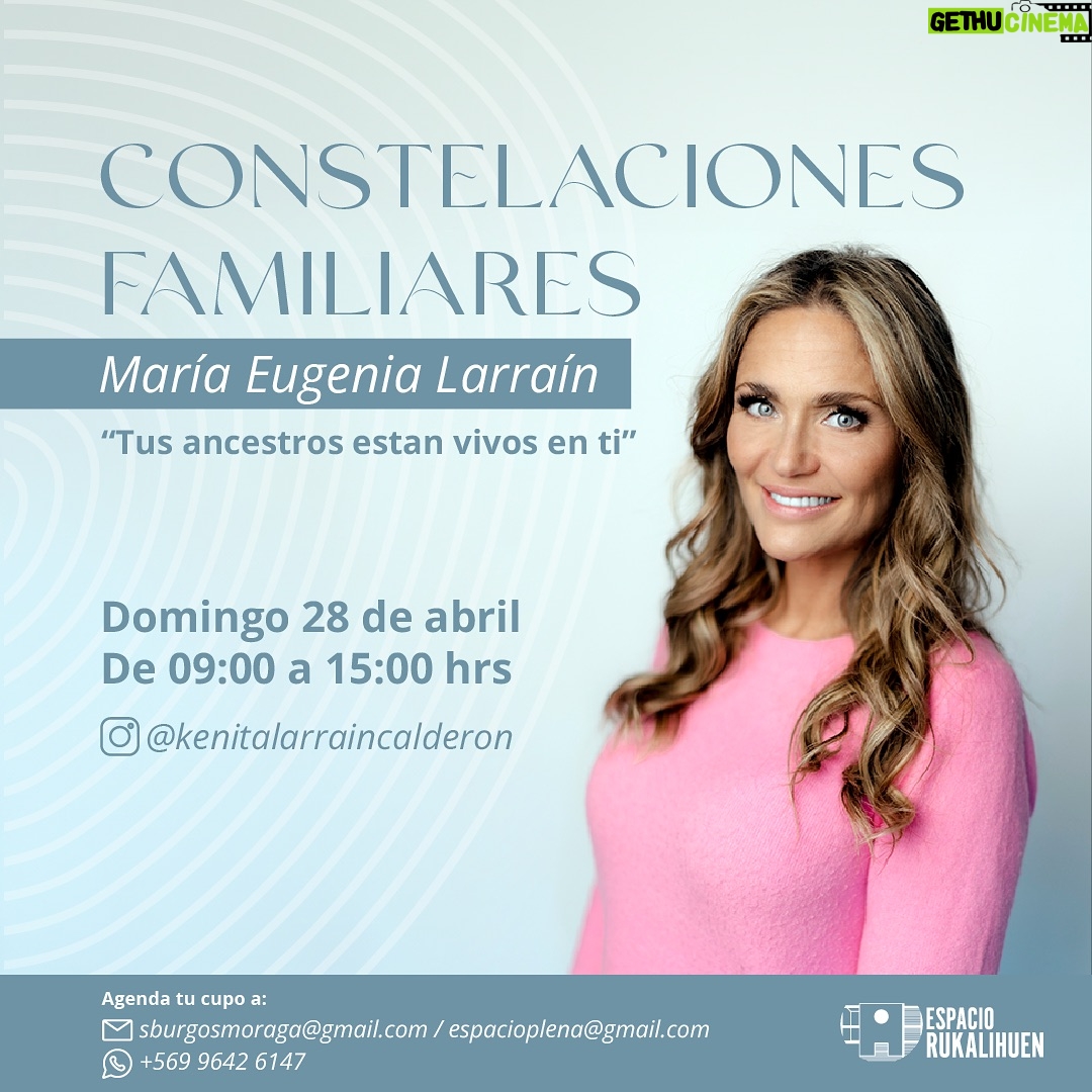 María Eugenia Larraín Instagram - ¡Atent@s! 🤩 El próximo 28 de abril, de 09:00 a 15:00 horas, María Eugenia Larraín (@kenitalarraincalderon ) llega hasta Espacio Rukalihuen para impartir Constelaciones familiares 🌌 ✨¿De qué trata esta actividad? Es una terapia que ayuda a la comprensión y sanación de los vínculos que se dan en el seno familiar y permite tomar consciencia de determinadas dinámicas que se han repetido transgeracionalmente en una familia. Inscripciones al : 📲 @plena_xs 📩sburgosmoraga@gmail.com / espacioplena@gmail.com ☎️ 569 9642 6147 ¡Te esperamos para vivir esta experiencia única! . #reiki #concepcion #terapiaholistica #tarot #rukalihuen #terapia #descanso #confianza #espacio #conce #radiestesia #reikiegipcio #yoga