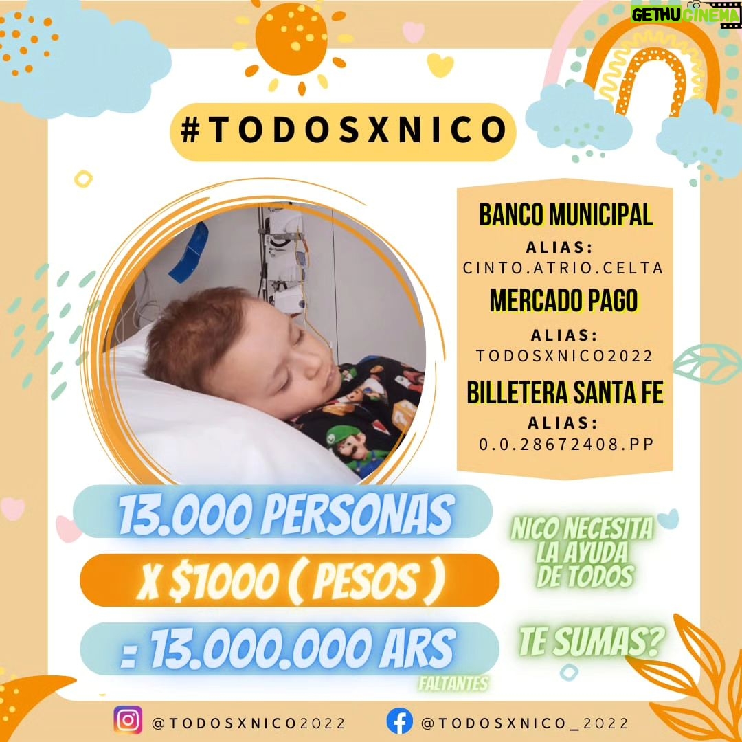 María Valenzuela Instagram - Nico está con su mamá y su papá desde julio 2022 en Barcelona bajo tratamiento oncológico 💉⚕️👩⚕️💊👨⚕️, por suerte dió resultado y está en remisión 🙌🏽. En éste momento está haciendo la consolidación q consta de 5 ciclos. En unos días comienza el 4to ciclo que está pago, falta cubrir el 5to y último a realizarse en enero, gente es un esfuerzito más... Cuando vayas de compras y pienses en los tuyos ( comida, ropa, regalos), incluilo a Nico, hacele un regalito, el regalo más grande le vas a dar, el de la vida!!! 🧡🧡🧡 Está en nuestras manos, no miremos para otro lado, no demos lo que nos sobra... demos lo q el otro necesita... 🙏🙏🙏🙏. Gracias.
