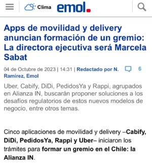 Marcela Sabat Instagram - Querida red, comparto con ustedes nuevo desafío laboral que me tiene muy contenta. Seré Directora ejecutiva de @alianzaincl nuevo gremio de empresas de aplicaciones en Chile. Parte de la red latinoamericana @alianzain 

Conformada por sus socios fundadores: Uber, Cabify, Didi, Rappi y PedidosYa.

El impacto social de estas aplicaciones en Chile es gigante, sumando más 200 mil empleos de manera directa que representan alrededor de 2.3% de la fuerza laboral del país. Muchos de ellos #mujeres, cuidadores y emprendedores, por esto me centraré en el bienestar de esas familias con focos importantes como la #perspectivadegénero y la #flexibilidadlaboral que otorgan estas aplicaciones. 

El objetivo será generar un espacio de DIÁLOGO entre los actores del ecosistema, donde se puedan proponer soluciones a los desafíos regulatorios que plantean estos nuevos modelos de negocio, fomentando el uso de la tecnología, el desarrollo sostenible, la economía digital y la construcción de ciudades inteligentes.

¡Mucho por hacer así que vamos con toda la energía ⚡️!