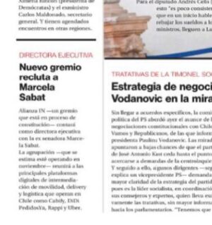 Marcela Sabat Instagram - Querida red, comparto con ustedes nuevo desafío laboral que me tiene muy contenta. Seré Directora ejecutiva de @alianzaincl nuevo gremio de empresas de aplicaciones en Chile. Parte de la red latinoamericana @alianzain 

Conformada por sus socios fundadores: Uber, Cabify, Didi, Rappi y PedidosYa.

El impacto social de estas aplicaciones en Chile es gigante, sumando más 200 mil empleos de manera directa que representan alrededor de 2.3% de la fuerza laboral del país. Muchos de ellos #mujeres, cuidadores y emprendedores, por esto me centraré en el bienestar de esas familias con focos importantes como la #perspectivadegénero y la #flexibilidadlaboral que otorgan estas aplicaciones. 

El objetivo será generar un espacio de DIÁLOGO entre los actores del ecosistema, donde se puedan proponer soluciones a los desafíos regulatorios que plantean estos nuevos modelos de negocio, fomentando el uso de la tecnología, el desarrollo sostenible, la economía digital y la construcción de ciudades inteligentes.

¡Mucho por hacer así que vamos con toda la energía ⚡️!