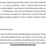 Mari Madrid Instagram – To say we got to reimagine Toxic with @thejennifersimard, Adam Godley and the company of @onemoretimebway is the Christmas wish we didn’t know we needed, but here we are.  Thank you for the feature @billboard.  Peep slides 3-6 to hear some thoughts on creating this including taking some cues from working with Billie.  Also yes they do this (and more) 8x a week and yes go get your butts over at the marquis theater to see the whole thing.

Cast in this number: 
Stepmother @thejennifersimard, Narrator Adam Godley, Belinda @ahillarsen, Betany @tesssoltau,
Belle @livbattistaa,
Rapunzel @gabriellebeckford, Esmeralda @pauline.casino, Sleeping Beauty 
@ashleychiuchiu, Gretel @seleneharo,
Clumsy @nathanlevy,
Red Riding Hood @justicemoore_, Prince Erudite @rysteele, Goldilocks @dianavaden, Princess Pea @morganweedwhitley, Little Mermaid @laurenzakrin 

Creative team
Music: @britneyspears 
Book: @hartmere
Music director: @backeys 
Orchestrations: @olmsteady   @mstine27 
Vocal Arrangements: @nadiadigiallonardo 
Music supervisor: @vaccariellopatrick 
Costume Design: @lorenelstein
Scenic Design: @annafleischle 
Sound Design: Andrew Keister
Wig Design: @nikiyamathis 
Projection Design: @svenortel 
Lighting Design: @kennethalanposner 
Film: @ellisgram 
Associate choreographer: @isidrorafae1 
Associate director: @jv_mercanti 
Creative Consultant: David Leveaux
Director/Choreographer: @_marimadrid @keonemadrid