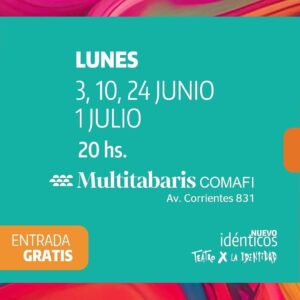 María Carámbula Instagram - Monólogos ➕ Música en vivo

🗓 3, 10, 24 de junio y 1 de julio ⏱ 20 hs.
📍 Multitabaris Comafi (Av. Corrientes 831 - CABA)

🆓 ENTRADA GRATIS
Conseguí tu entrada en el teatro los días de función, desde las 19 hs., hasta agotar el aforo disponible.

Actúan: Dalia Gutmann, Osqui Guzmán, María Carámbula, Diego Gentile, Victoria Almeida, Cristian Sabaz, Ingrid Pellicori, Gonzalo Urtizberea, Malena Figó, Daniel Campomenosi y Manu Fanego

Dirigen: Mey Scápola, Agustín Rittano, Paula Marull, Gabriela Biebel, Adrián Cardoso, Leonor Manso, Pablo Rago, Gonzalo Martínez, Mariela Asensio y Carla Scatarelli

Textos de: Josefina Barcellandi, Lucila Rubinstein, Maríano Saba, Lucía Peirone, Lorena Velázquez, Victor Malagrino, Mariano Monsalvo y Julio Pol

Suenan:
3/6: Gloria Carrá - Piter Josami Torres
10/6: Gloria Carrá - Piter Josami Torres
24/6: Benito Cerati
1/7: Esteban Morgado - Julia Morgado

🔺Coordinación Dramatúrgica: Mauricio Kartun
🔻Dirección general: Daniel Veronese