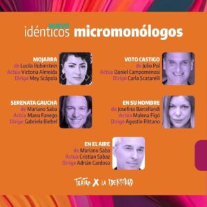 María Carámbula Instagram - Monólogos ➕ Música en vivo

🗓 3, 10, 24 de junio y 1 de julio ⏱ 20 hs.
📍 Multitabaris Comafi (Av. Corrientes 831 - CABA)

🆓 ENTRADA GRATIS
Conseguí tu entrada en el teatro los días de función, desde las 19 hs., hasta agotar el aforo disponible.

Actúan: Dalia Gutmann, Osqui Guzmán, María Carámbula, Diego Gentile, Victoria Almeida, Cristian Sabaz, Ingrid Pellicori, Gonzalo Urtizberea, Malena Figó, Daniel Campomenosi y Manu Fanego

Dirigen: Mey Scápola, Agustín Rittano, Paula Marull, Gabriela Biebel, Adrián Cardoso, Leonor Manso, Pablo Rago, Gonzalo Martínez, Mariela Asensio y Carla Scatarelli

Textos de: Josefina Barcellandi, Lucila Rubinstein, Maríano Saba, Lucía Peirone, Lorena Velázquez, Victor Malagrino, Mariano Monsalvo y Julio Pol

Suenan:
3/6: Gloria Carrá - Piter Josami Torres
10/6: Gloria Carrá - Piter Josami Torres
24/6: Benito Cerati
1/7: Esteban Morgado - Julia Morgado

🔺Coordinación Dramatúrgica: Mauricio Kartun
🔻Dirección general: Daniel Veronese