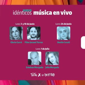María Carámbula Instagram - Monólogos ➕ Música en vivo

🗓 3, 10, 24 de junio y 1 de julio ⏱ 20 hs.
📍 Multitabaris Comafi (Av. Corrientes 831 - CABA)

🆓 ENTRADA GRATIS
Conseguí tu entrada en el teatro los días de función, desde las 19 hs., hasta agotar el aforo disponible.

Actúan: Dalia Gutmann, Osqui Guzmán, María Carámbula, Diego Gentile, Victoria Almeida, Cristian Sabaz, Ingrid Pellicori, Gonzalo Urtizberea, Malena Figó, Daniel Campomenosi y Manu Fanego

Dirigen: Mey Scápola, Agustín Rittano, Paula Marull, Gabriela Biebel, Adrián Cardoso, Leonor Manso, Pablo Rago, Gonzalo Martínez, Mariela Asensio y Carla Scatarelli

Textos de: Josefina Barcellandi, Lucila Rubinstein, Maríano Saba, Lucía Peirone, Lorena Velázquez, Victor Malagrino, Mariano Monsalvo y Julio Pol

Suenan:
3/6: Gloria Carrá - Piter Josami Torres
10/6: Gloria Carrá - Piter Josami Torres
24/6: Benito Cerati
1/7: Esteban Morgado - Julia Morgado

🔺Coordinación Dramatúrgica: Mauricio Kartun
🔻Dirección general: Daniel Veronese