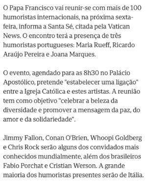 Maria Rueff Instagram - ORAÇÃO A PEDIR O BOM HUMOR: 
Dai-me, Senhor, uma boa digestão,
mas também qualquer coisa para digerir.
Concede-me a saúde do corpo e o necessário
bom humor para mantê-la.
Dai-me, Senhor, uma alma simples,
que saiba aproveitar tudo o que é bom
e não se assuste demasiado perante o mal,
mas encontre maneira de recolocar
as coisas no lugar devido.
Dai-me uma alma que não fique refém do tédio
nem de resmungos, impaciências ou lamentações,
e não permitais que me atormente
para lá do razoável
com essa coisa turbulenta chamada “eu”.
Dai-me, Senhor, um sentido de humor apurado
Dai-me a graça de compreender uma piada, uma brincadeira, para conseguir um pouco de felicidade e para dá-la de presente aos outros. Amén! 
(Oração escrita por São Tomás More
e rezada diariamente pelo Papa Francisco) 
❤️
@comodissetolentino 
@joanamarquespic 
#ricardoaraújopereira 
@vaticannewspt