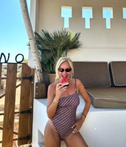 Maria Bekatorou Instagram - Find me where the watermelon is…🍉 @saltwater_gr @stellamccartney @saltwater_resortboutiques #summervibes #watermelonstories #blessed #happy #syros #greeksummer