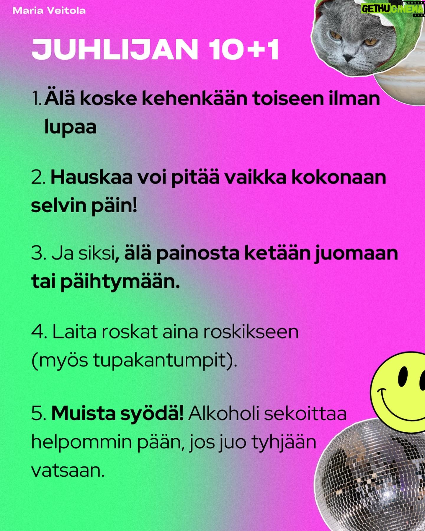 Maria Veitola - 12.9K Likes - Vappu on hei ovella, nyt meille kuolevaisillekin. Vappua jo viikkoja juhlinut haalarikansa on nimittäin ymmärrykseni tuolla puolen ja ainoa selitys ilmiölle on, että ilmeisesti en osaa pitää hauskaa. 😸
Vappu ei nimittäin ole mikään suosikkijuhlani. Antipatiani tätä sinänsä aivan ihanaa kevään avausta kohtaan liittyy ihmisten käyttäymiseen juhlapyhinä. Kännissä kun sitä tulee tehtyä ja sanottua kaikkea typerää.
Vappuun liittyy keskeisesti alkoholin runsas kuluttaminen ja sen myötä vapautunut, jopa sekopäinen käytös. Jospa tämä vuosi kuitenkin olla erilainen? Olen kokenut vapun jo 51 kertaa ja siksi tein muistilistan kaikille juhlijoille. 🌸
Kaiken hauskuuden ja hulluuden keskellä on nimittäin hyvä pitää mielessä muutama perusasia. Nämä muuten sopivat moneen juhlaan. Suosittelen siksikin jakamaan tätä postausta eteenpäin.
Turvallisempien ja ihanampien juhlien puolesta, nyt ja aina! 💘