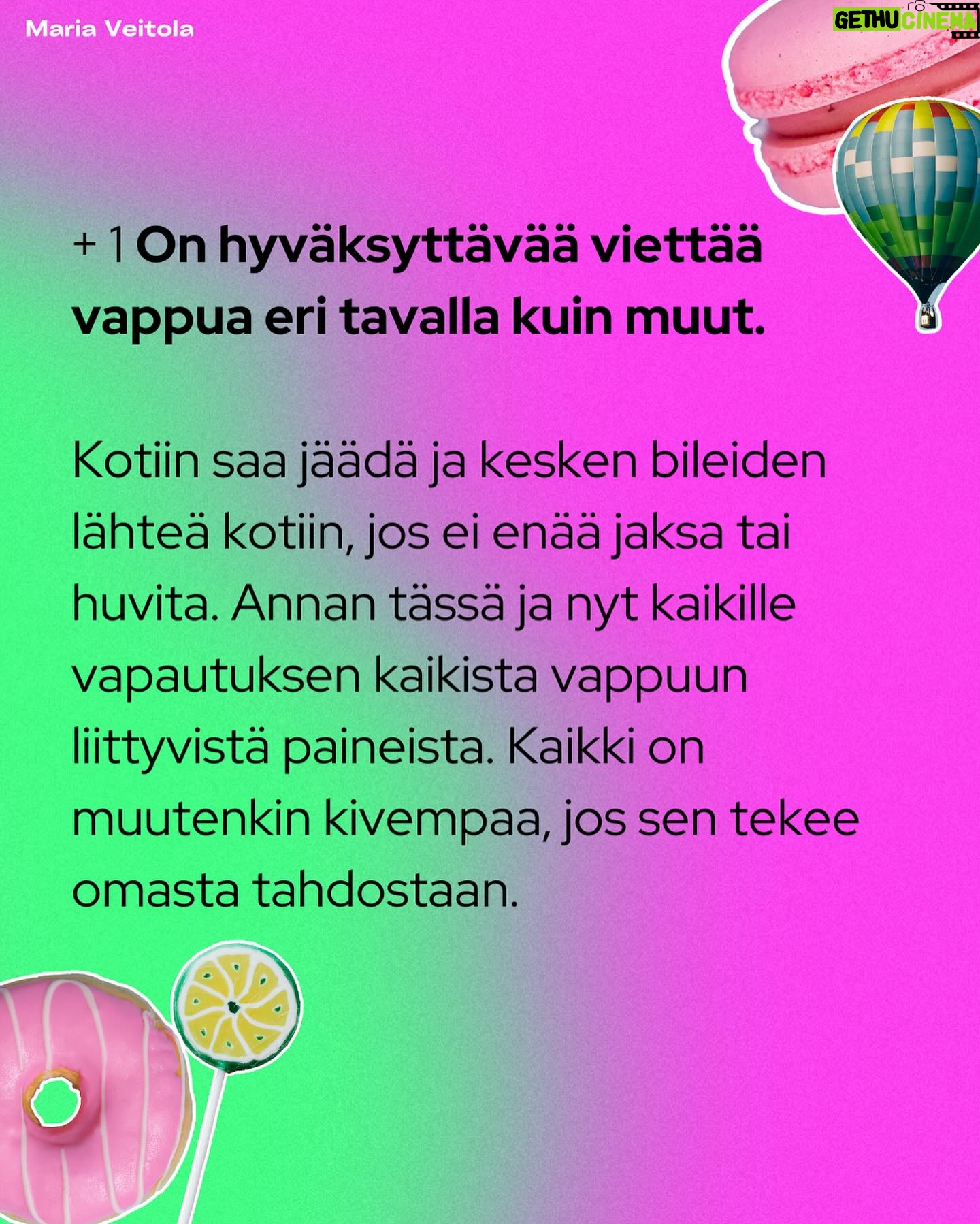 Maria Veitola - 12.9K Likes - Vappu on hei ovella, nyt meille kuolevaisillekin. Vappua jo viikkoja juhlinut haalarikansa on nimittäin ymmärrykseni tuolla puolen ja ainoa selitys ilmiölle on, että ilmeisesti en osaa pitää hauskaa. 😸
Vappu ei nimittäin ole mikään suosikkijuhlani. Antipatiani tätä sinänsä aivan ihanaa kevään avausta kohtaan liittyy ihmisten käyttäymiseen juhlapyhinä. Kännissä kun sitä tulee tehtyä ja sanottua kaikkea typerää.
Vappuun liittyy keskeisesti alkoholin runsas kuluttaminen ja sen myötä vapautunut, jopa sekopäinen käytös. Jospa tämä vuosi kuitenkin olla erilainen? Olen kokenut vapun jo 51 kertaa ja siksi tein muistilistan kaikille juhlijoille. 🌸
Kaiken hauskuuden ja hulluuden keskellä on nimittäin hyvä pitää mielessä muutama perusasia. Nämä muuten sopivat moneen juhlaan. Suosittelen siksikin jakamaan tätä postausta eteenpäin.
Turvallisempien ja ihanampien juhlien puolesta, nyt ja aina! 💘
