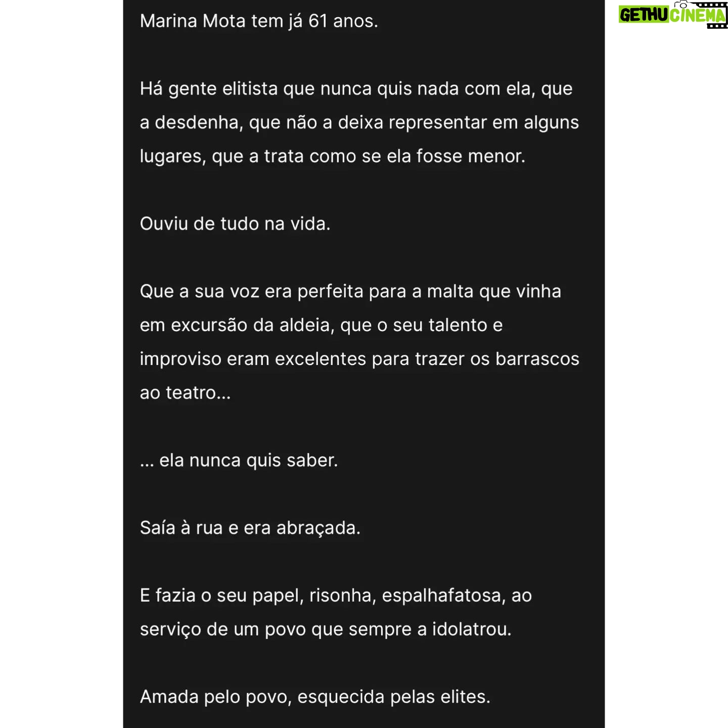 Marina Mota - 1.9K Likes - Caro @luis.osorio.oficial, deixo-lhe um abraço com o mesmo carinho com que escreveu a meu respeito. Dei conta, que nem eu saberia descrever-me tão exacta e profundamente. Não me refiro, obviamente, ao que opina sobre mim enquanto artista ou atriz, isso não consigo avaliar, mas sim enquanto Mulher, Pessoa, Gente.
Quero que saiba que lhe fico grata por este retrato.
Mais um abraço
Obrigada
@teatropraga
@cgardens @andre_e_teodosio
#teatro #parquemayer #fado