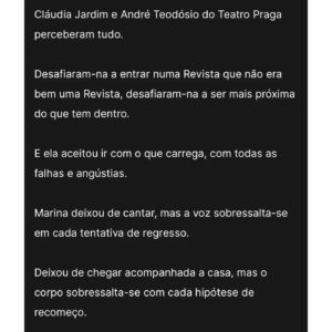Marina Mota Instagram - Caro @luis.osorio.oficial, deixo-lhe um abraço com o mesmo carinho com que escreveu a meu respeito. Dei conta, que nem eu saberia descrever-me tão exacta e profundamente. Não me refiro, obviamente, ao que opina sobre mim enquanto artista ou atriz, isso não consigo avaliar, mas sim enquanto Mulher, Pessoa, Gente.
Quero que saiba que lhe fico grata por este retrato.
Mais um abraço
Obrigada
@teatropraga
@cgardens @andre_e_teodosio
#teatro #parquemayer #fado