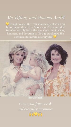 Marla Maples Instagram - Sharing 3 generations of love with you on this the 10th anniversary of my mother’s rising up to heaven 🕊️ She loved to dance to the Bee Gee’s and this being one of her favorite songs, I felt it so fitting for how I feel tonight. 💛🤍💛 Love you forever, to the moon and back again mom 🙏