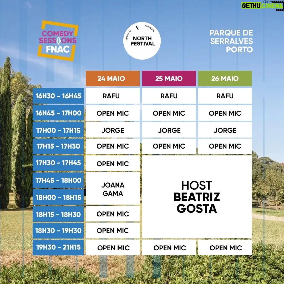 Marta Bateira Instagram - Este ano, a FNAC vai estar presente no North Festival com um stand de COMEDY SESSIONS, que não vais querer mesmo perder! 🤩 Quem vais poder ver neste Ponto de Encontro do Humor? 🎙️ Beatriz Gosta 🎙️ Joana Gama 🎙️ Jorge Gonçalves 🎙️ Rafu ... e tu também vais poder ter o teu minuto de fama com os vários Open Mics que vamos dinamizar! 🤟 👉 Do que estás à espera? Faz swipe para consultar os horários das sessões e aparece! #comedysessionsfnac #northfestival #beatrizgosta #joanagama #jorgegonçalves #rafu #openmic
