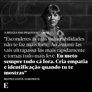 Marta Bateira Instagram - Ela é sempre um acontecimento. Através do humor faz cheque-mate a pessoas machistas, retrógradas, conservadoras ou pudicas. Chama-se Marta Bateira, mas tornou-se conhecida em 2015 no Youtube como Beatriz Gosta, um alter ego de língua solta, sotaque orgulhoso do norte, sexualmente livre e empoderada, de carisma do outro mundo, que chegou rapidamente à rádio e à televisão. 

Foi também para acontecimentos destes, de Beatrizes que metem o pé na porta e ocupam o espaço público, a reivindicar igualdade de direitos e a assumir tanto os seus desejos, como os desafios e cansaços da gravidez e da maternidade, que se fez o 25 de Abril. Em 2023, Beatriz Gosta estreou novo espectáculo, “Resort”. Espécie de sonho com pulseirinha e bar aberto perante uma realidade que a tem virado do avesso. 

Ouça a entrevista no podcast “A Beleza das Pequenas Coisas”, com @bernardo_mendonca, nas plataformas habituais de podcast e através do link na bio do @jornalexpresso

📷 @j0sefernandes/Expresso

#beatrizgosta #martabateira #humor #podcast #abelezadaspequenascoisas