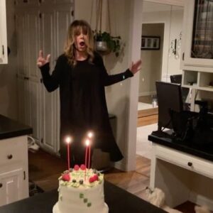 Mary-Margaret Humes Instagram - My birthday isn’t for another six hours 4/4 and yet my mini “bestie birthday crew” totally ambushed me with this surprise in my very own kitchen!! 👏👏👏👏👏👏 Good job you guys…And yes…you got me!!! #forever44 fun with @jamesepettit @jeffreyjparker @karynwulbrun @peterbekuhl