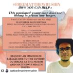 Mary Steenburgen Instagram - #FREEMATTHEWRUSHIN @justice4matthewrushin . . . . My hands are shaking while typing this. Sick to my stomach! Matthew has tested positive for COVID19 and has been moved to the red zone at Nottoway Correctional Facility. I’m asking that you request an immediate release for Matthew. Do whatever you can to influence whoever is the decisionmaker to transfer Matthew to a full-service hospital. Matthew has underlying conditions including a diagnosis of Autism (Asthma, brain cyst which has been untreated for 2 years, TBI, possible seizures) that increase his risk of complications. Regardless, prison is not the place to treat high-risk COVID patients.
