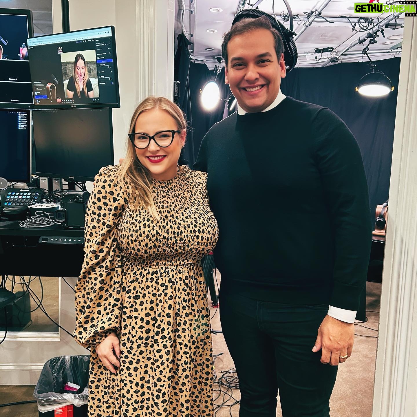 Meghan McCain Instagram - Next week on my new podcast “Meghan McCain has entered the chat” - we have a very juicy guest @rep.georgesantos. Trust me, you’re not going to want to miss his first personal sit down interview. We discuss topics from how he “hard launched his husband”, to his stances on unions, Israel, his alleged crimes and more (and yes Kitara Ravache too). 🎙️🇺🇸
